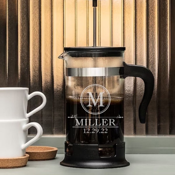 Custom French Press, Etched Glass Coffee Press Gift, Engraved Coffee Lovers Gift for Birthdays. Retirement, Wedding and Corporate Gifts
