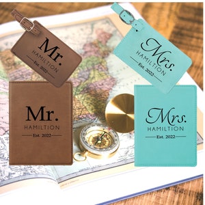 Mr and Mrs Personalized Luggage Tag and Passport Cover for Bride and Groom, Passport & Luggage Tag for Wedding, Anniversary or Shower Gift