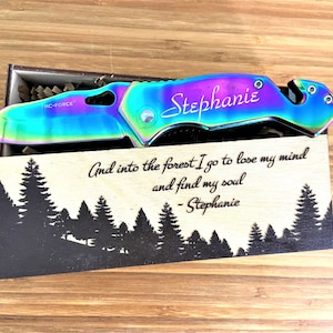 Rainbow Finish Pocket Knife and Wood Box,  Custom Ladies Pocket Knife for Girlfriend, Daughter, Wife or Best Friend, Girls Graduation Knife
