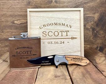 Groomsmen Gift Box with Flask and Knife, Best Man Proposal Gift, Custom Engraved Wood Box for Groomsman, Flask and Knife, Elk Gift Set
