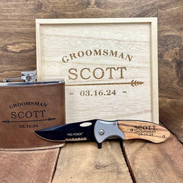 Groomsmen Gift Box with Flask and Knife, Best Man Proposal Gift, Custom Engraved Wood Box for Groomsman, Flask and Knife, Elk Gift Set