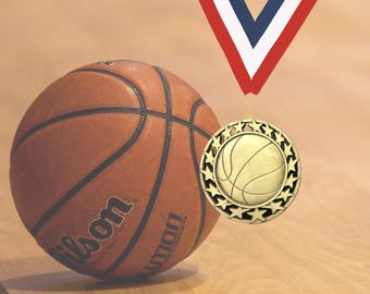 Engraved Basketball Medal: Gold or Silver Tournament Award with Neck Ribbon