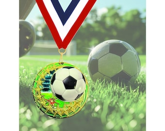 Personalized Soccer Medal High Relief Medal | Custom Gold Soccer Award with Free Engraved Plate | With Neck Ribbon | Team Tournament Trophy