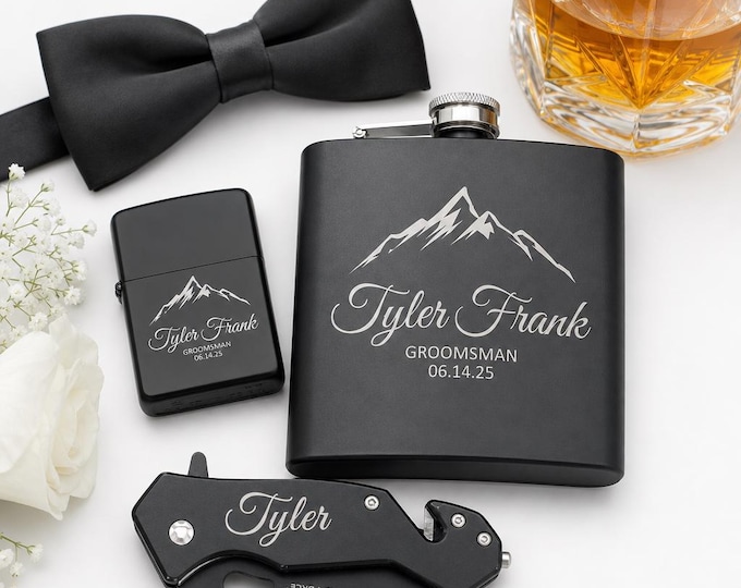 Personalized Groomsmen Gift Set – Custom Engraved Black Flask, Knife & Lighter, Rustic Wedding Best Man Gift