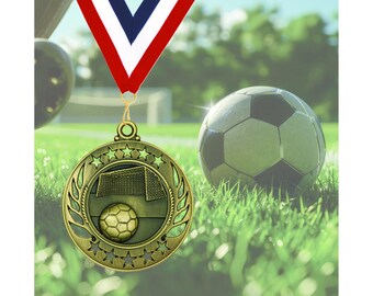 Soccer Medal Award with Neck Ribbon | Free Custom Engraved Plate | Team & Tournament Trophy