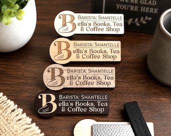 Custom Engraved Wood Name Badge | Personalized Logo Name Tag | Magnetic Wood Name Tag | 3" x 1" Custom Employee Badge