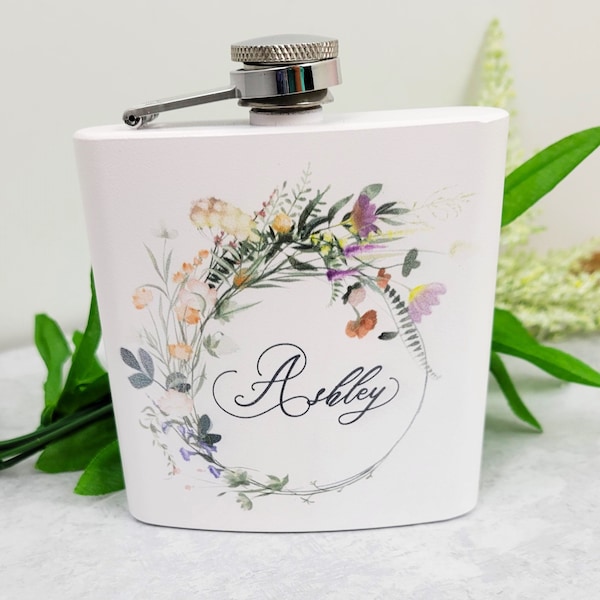 Bridesmaid Floral Flask with Name and Matching Coaster Set, Personalized White Flask with Organic Wild Flowers for Proposal Box