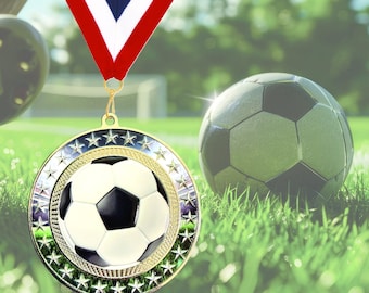 Engraved 3 inch Silver Soccer Medal – Custom Team Award with Neck Ribbon
