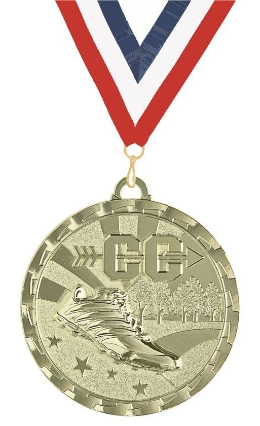 Cross County Medal - Bright Gold Cross Country Running Medallion on Neck Ribbon - CC Team Award - XC Coach Award