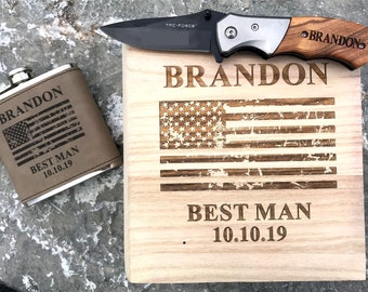 Groomsmen Gift Box with Flask, Knife, Shot Glass, Custom Engraved Wood Box for Best Man, Usher, Father of the Bride or Groom, Elk, Deer Fish