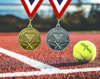 Personalized Tennis Medal with Engraved Plate | Gold or Silver Tennis Award | Custom Ribbon Color | Tournament Team Player Medal
