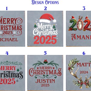 May include: A collection of six Christmas-themed signs with various designs. Each sign features the words "Merry Christmas" and the year 2025 or 2024, along with a name. The signs have a gray background with red, green, and white text.