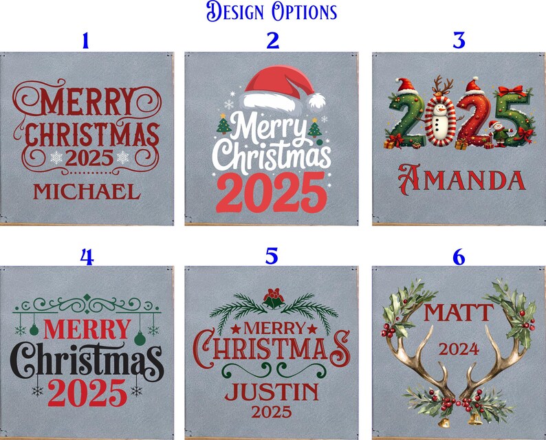 May include: A collection of six Christmas-themed signs with various designs. Each sign features the words "Merry Christmas" and the year 2025 or 2024, along with a name. The signs have a gray background with red, green, and white text.