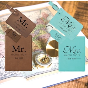 Mr and Mrs Personalized Passport Cover, Luggage Tags, Keychain Set for Bride and Groom, Passport Tag for Wedding, Anniversary or Shower Gift