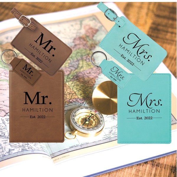 Mr and Mrs Personalized Passport Cover, Luggage Tags, Keychain Set for Bride and Groom, Passport Tag for Wedding, Anniversary or Shower Gift