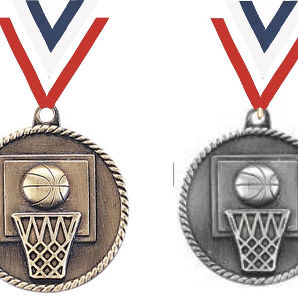 Basketball Medal with Neck Ribbon and Engraving -Gold and Silver Basketball Medal - Basketball Team Award - Basketball Coach Award
