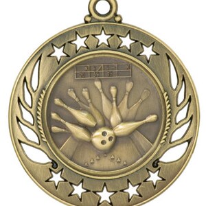 May include: A bronze-colored bowling medal with a circular design. The center features a bowling ball striking pins. The outer ring has star cutouts and a laurel leaf design. A small loop is at the top for a ribbon.