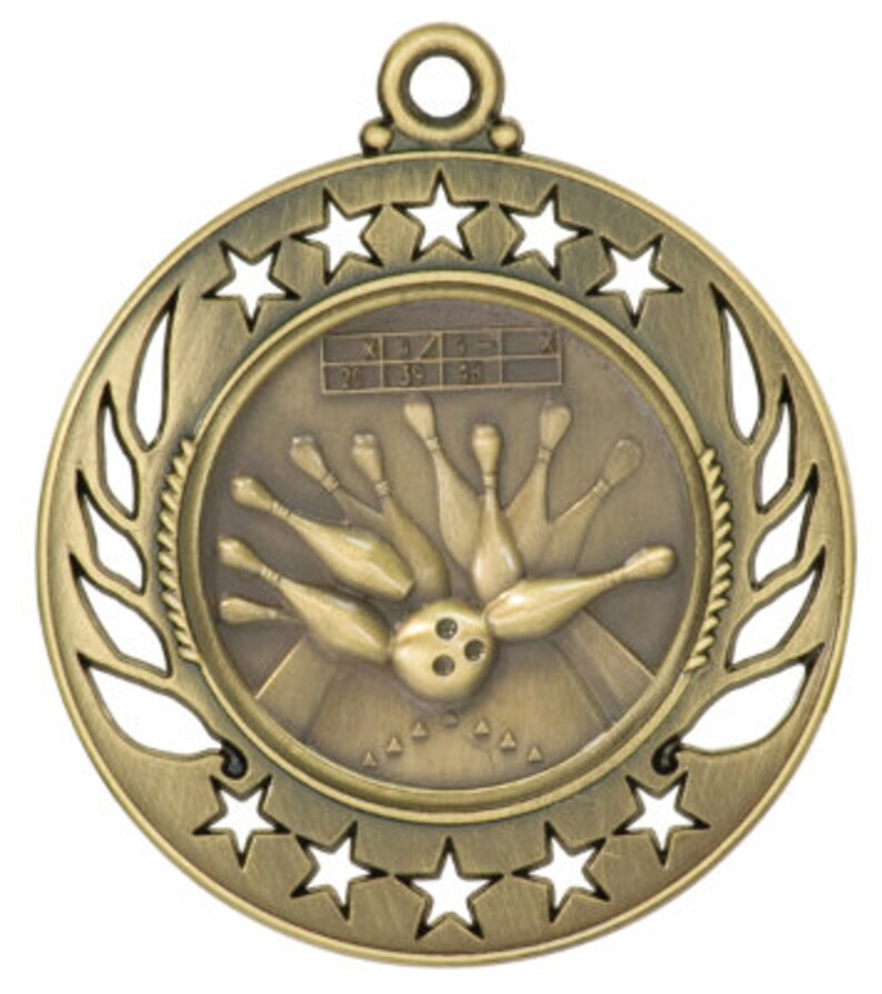 May include: A bronze-colored bowling medal with a circular design. The center features a bowling ball striking pins. The outer ring has star cutouts and a laurel leaf design. A small loop is at the top for a ribbon.