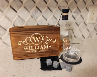 Personalized Whiskey Glass Gift Set with Engraved Wood Box | Custom Bourbon Glass, Slate Coaster & Whiskey Stones | Groomsmen, Wedding Gift