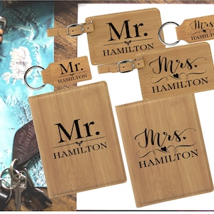 Mr and Mrs Personalized Luggage Tag, Passport Cover, Keychain for Bride and Groom, Passport Tag for Wedding, Anniversary or Shower Gift