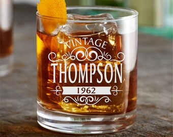 Vintage Whiskey Glass for Dad, Personalized Birthday Vintage Whiskey Glass, Established Engraved Whiskey Glass for Birthday