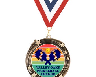 Custom Engraved Pickleball Medals with Neck Ribbons | Personalized Tournament, League & Championship Medals