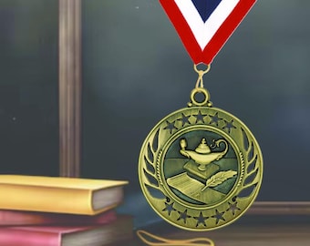 Lamp of Knowledge Medal with Ribbon & Engraved Plate | Gold Book Clue Award | Academic Achievement, STEM, Reading or Library Award