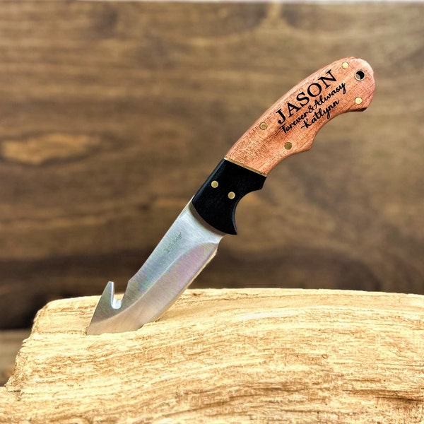 Custom Engraved Hunting Knife with Wood Handle, Can be Engraved 2 Sides and Leather Sheath, Men's Birthday or Anniversary Gift