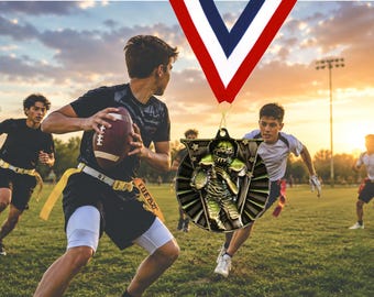Custom Flag Football Medal with Neck Ribbon & Free Engraved Plate | Victory Football Award | Team Trophy | Gold Silver