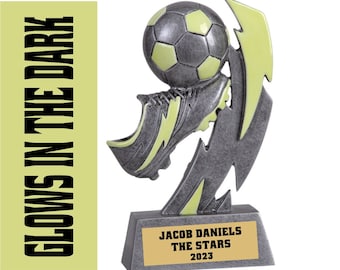 Glow Soccer Trophy Resin Award with Engraved Plate -Glow in the Dark Soccer Participation Award - Soccer Trophy Award for Coach