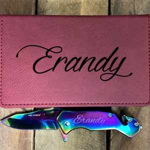 Rainbow Finished Knife with Engraved Red Leather Textured Box, Pocket Knife Gift for Girlfriend or Wife, Gift for Daughter