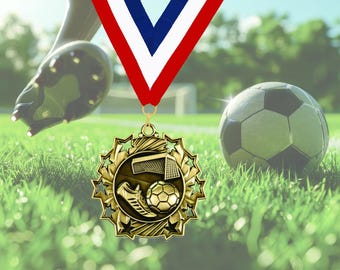 Indoor Soccer Medal Award with Neck Ribbon | Free Engraved Plate | Team & Tournament Trophy