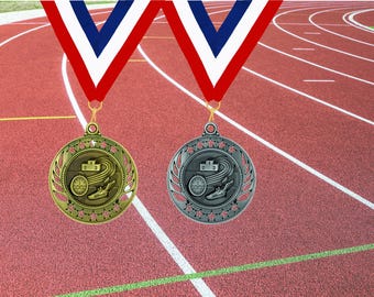 Track Medal with Neck Ribbon - Choice of Gold or Silver Track and Field Events Medals with Engraved Plate
