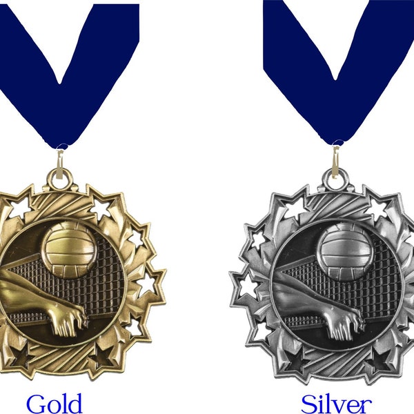 Volleyball Medal with Stars and Neck Ribbon - All Star Gold and Silver Volleyball Medal with Neck Ribbon and Engraved Plate for Coach Gift