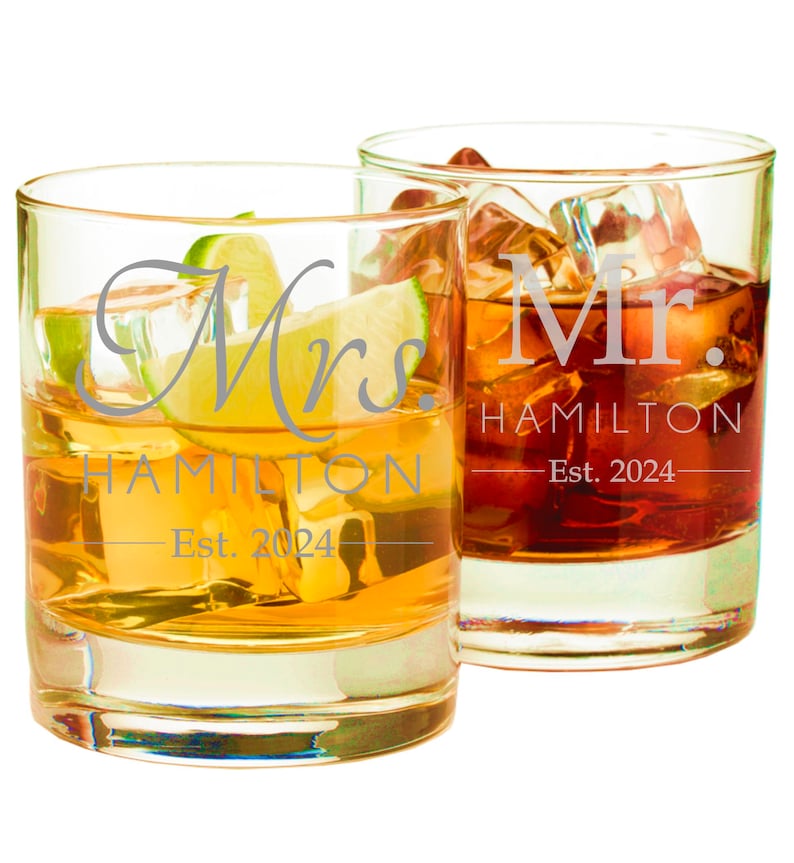Mr and Mrs Whiskey Rock Glass Set are Great Wedding or Anniversary Gifts- Etched or Engraved Rocks Glasses to Celebrate Love
