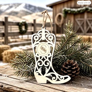 May include: A laser-cut wooden ornament shaped like a cowboy boot, featuring intricate scrollwork and floral cutouts. A circular center panel displays the letter S adorned with a small floral design. The ornament hangs from a thin jute twine loop.