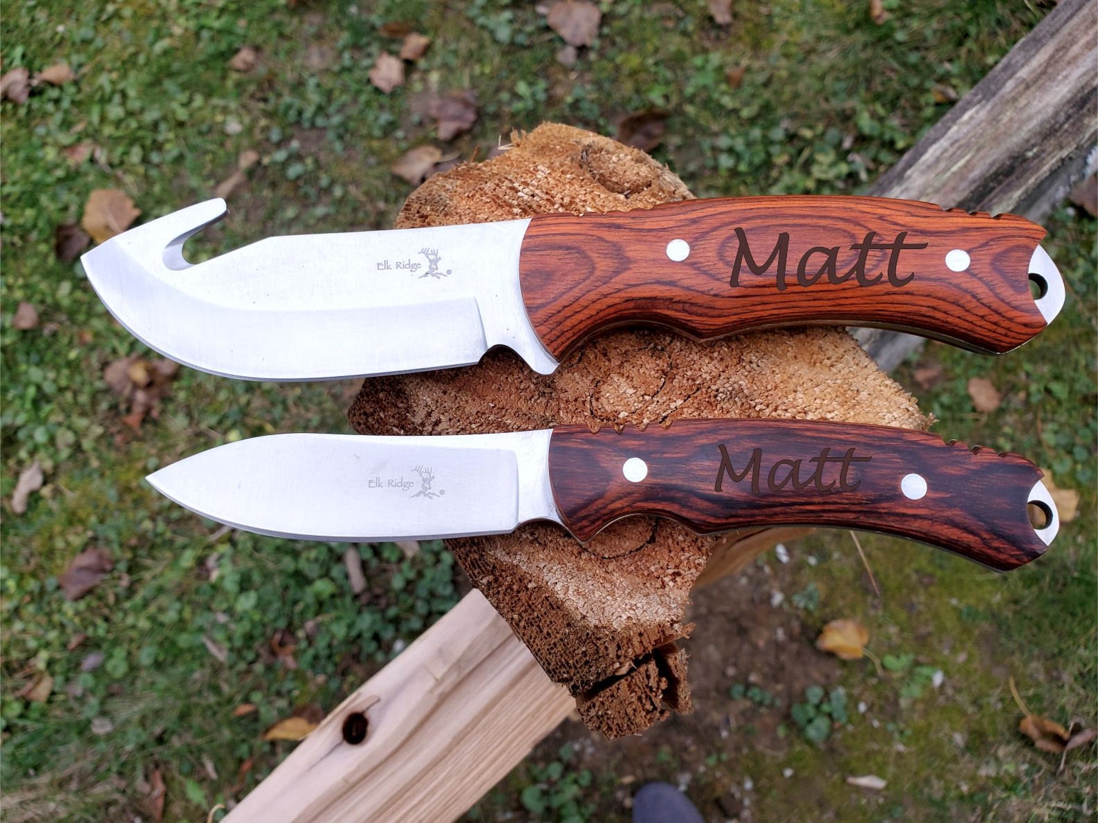 Custom Hunting Knife With Engraved Wood Handle & Leather Etsy