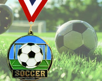 Soccer Medal with Engraved Plate - 2 inch Colorful Soccer Medal – Custom Team Award with Neck Ribbon