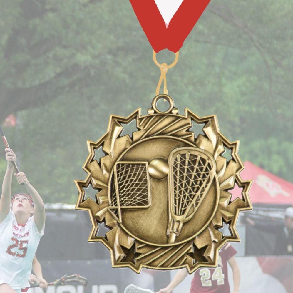 Gold Lacrosse Medal with Engraved Plate and Neck Ribbon - Lacrosse Trophy Award - Lacrosse Coach Gift