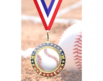 Baseball Award Medal on Neck Ribbon with Engraved Plate, Baseball Tournament Medals, All Star Team Medallions for Champions and Finalists