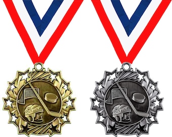 Hockey Medal with Neck Ribbon and Engraving -Gold and Silver Hockey Medal - Hockey Team Award - Hockey Coach Award
