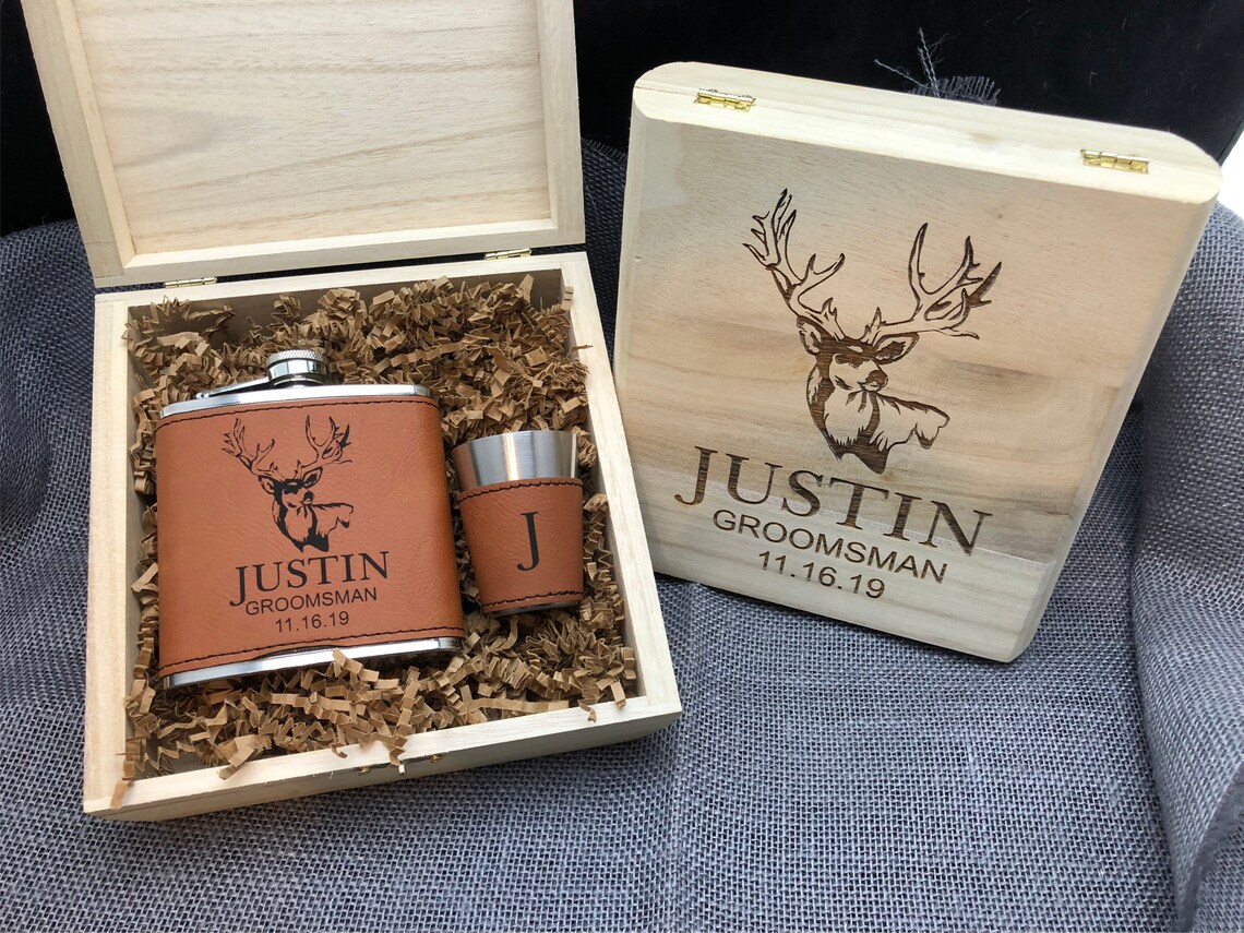 Groomsmen Gift Box Custom Engraved Wood Box Flask and Shot image 1