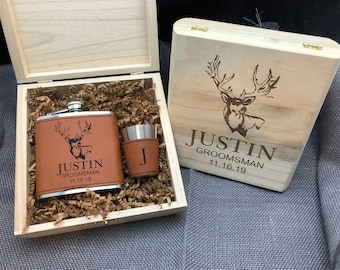 Groomsmen Gift Box, Custom Engraved Wood Box, Flask and Shot Glass Kit, Flask Gift Set Inside Lid Engraved