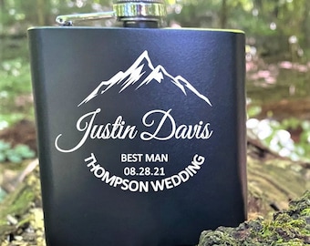 Groomsman Flask and Best Man Flask, Outdoorsman Mountain Black Stainless Proposal Flasks, Father of the Groom Flask Gift, Custom Flask Gift