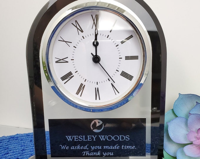 Glass Desk Clock With Black Accents and Custom Engraved Plate