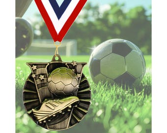 Soccer Gold or Silver Medals and Neck Ribbons - Soccer Medals with Neck Ribbon -Engraved Plate for Players or Coaches Gift - Great Team Gift
