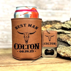 Western Can Cooler with Bottle Opener Keychain – Groomsman Gift, Rancher Wedding Favors, Best Man Proposal Gift, Custom Drink Holder