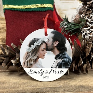 Mr and Mrs First Christmas Photo Ornament - Newlywed Wedding Gift - Mr and Mrs Double Sided Photo Ornament - Couple Photo Ornament 2023