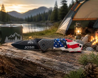 Personalized American Flag Pocket Knife with Engraved Bamboo Gift Box | Custom Engraved Folding Knife | Anniversary Gift for Him