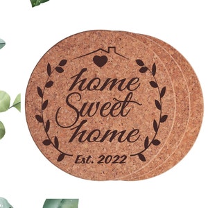 Home Sweet Home  Cork Trivet Set with Established Date, Set of 3 Engraved Personalized Hot Pad for Christmas, Wedding & House Warming Gift